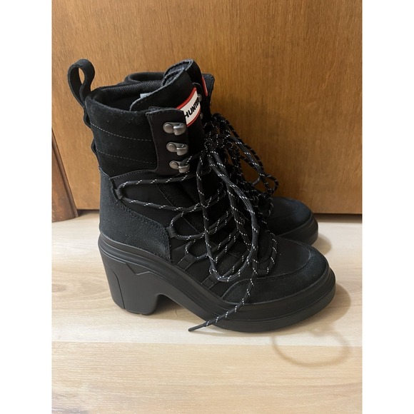 Hunter Black Discoverer Lace Up Ankle Heel Boots Womens Sz 6 Water Resistant EUC - Picture 4 of 9